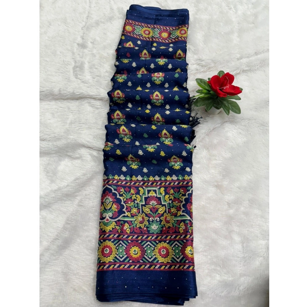 Generic Women's Chiffon Printed Saree With Unstitched Blouse (Navy, 5-5 Mtrs)