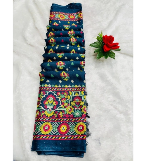 Generic Women's Chiffon Printed Saree With Unstitched Blouse (Teal, 5-5 Mtrs)