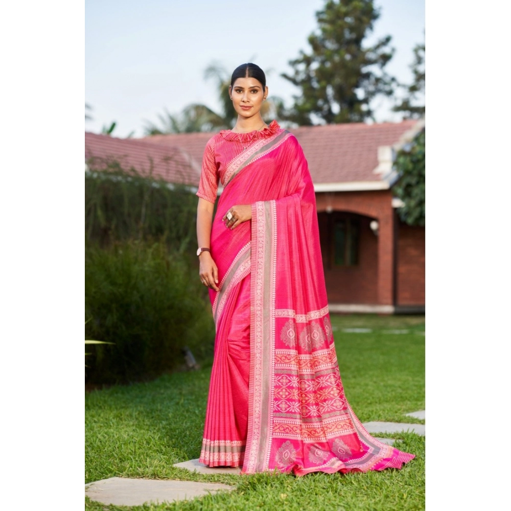 Generic Women's Crepe Printed Saree With Unstitched Blouse (Pink, 5-5 Mtrs)