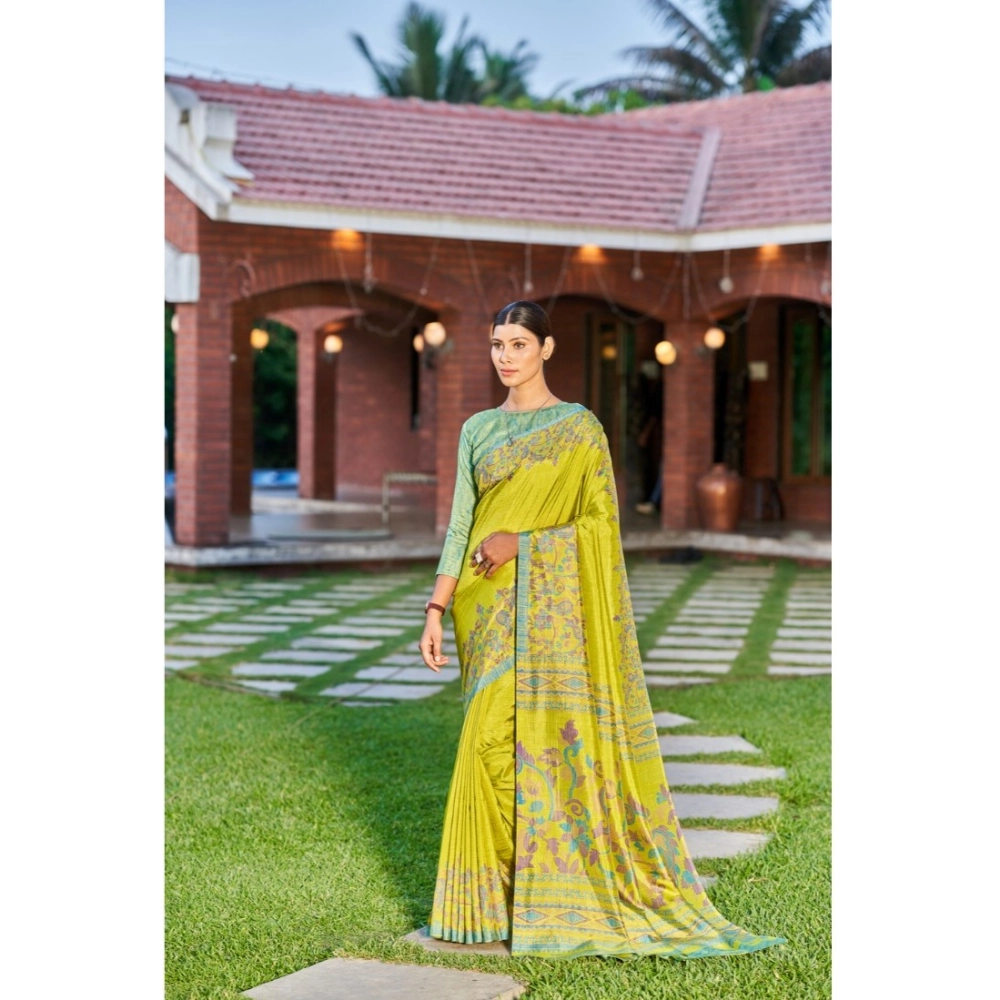 Generic Women's Crepe Printed Saree With Unstitched Blouse (Dark Green, 5-5 Mtrs)