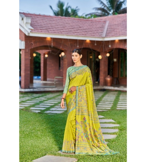 Generic Women's Crepe Printed Saree With Unstitched Blouse (Dark Green, 5-5 Mtrs)