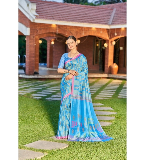 Generic Women's Crepe Printed Saree With Unstitched Blouse (Blue, 5-5 Mtrs)