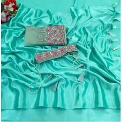 Generic Women's Satin Solid Saree With Unstitched Blouse (Skyblue, 5-5 Mtrs)