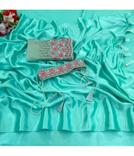 Generic Women's Satin Solid Saree With Unstitched Blouse (Skyblue, 5-5 Mtrs)