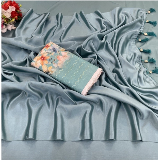 Generic Women's Satin Solid Saree With Unstitched Blouse (Grey, 5-5 Mtrs)