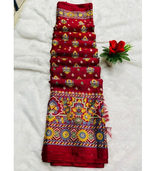 Generic Women's Chiffon Printed Saree With Unstitched Blouse (Red, 5-5 Mtrs)