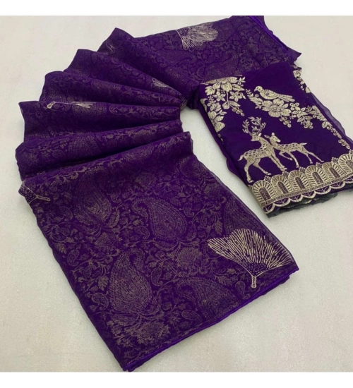 Generic Women's Georgette Printed Saree With Unstitched Blouse (Purple, 5-5 Mtrs)