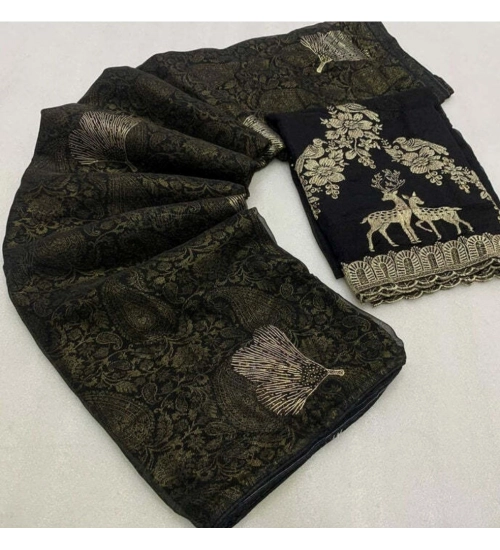 Generic Women's Georgette Printed Saree With Unstitched Blouse (Black, 5-5 Mtrs)