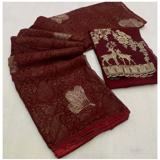 Generic Women's Georgette Printed Saree With Unstitched Blouse (Maroon, 5-5 Mtrs) Generic Women's Georgette Printed Saree With Unstitched Blouse (Maroon, 5-5 Mtrs)
