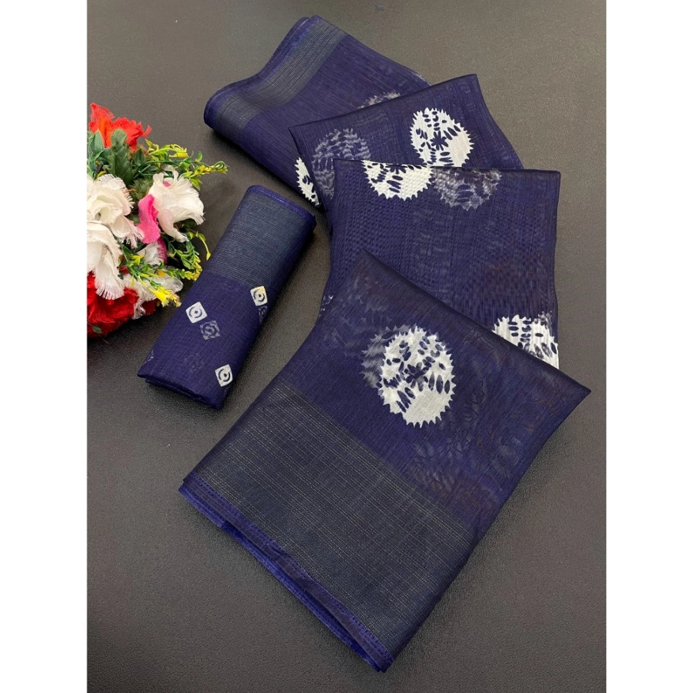 Generic Women's Cotton Blend Printed Saree With Unstitched Blouse (Dark Blue, 5-5 Mtrs)