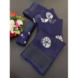 Generic Women's Cotton Blend Printed Saree With Unstitched Blouse (Dark Blue, 5-5 Mtrs)
