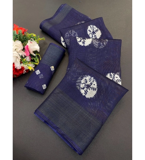 Generic Women's Cotton Blend Printed Saree With Unstitched Blouse (Dark Blue, 5-5 Mtrs)