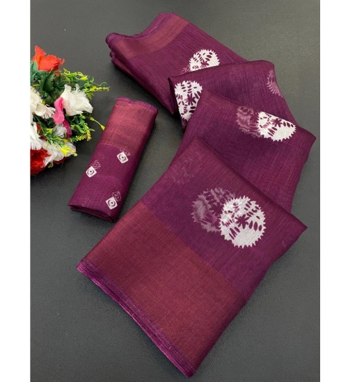 Generic Women's Cotton Blend Printed Saree With Unstitched Blouse (Lavendar, 5-5 Mtrs)