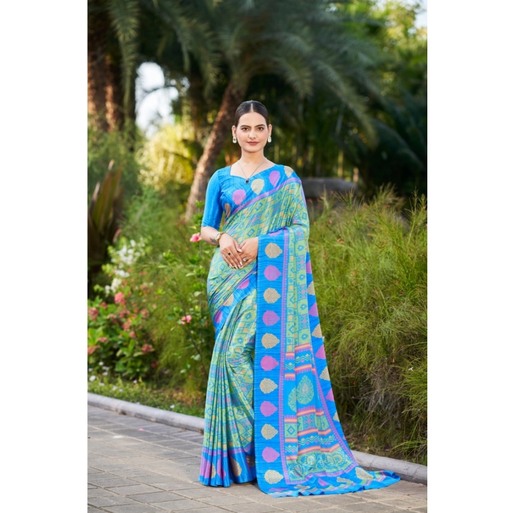 Generic Women's Crepe Printed Saree With Unstitched Blouse (Blue, 5-5 Mtrs)