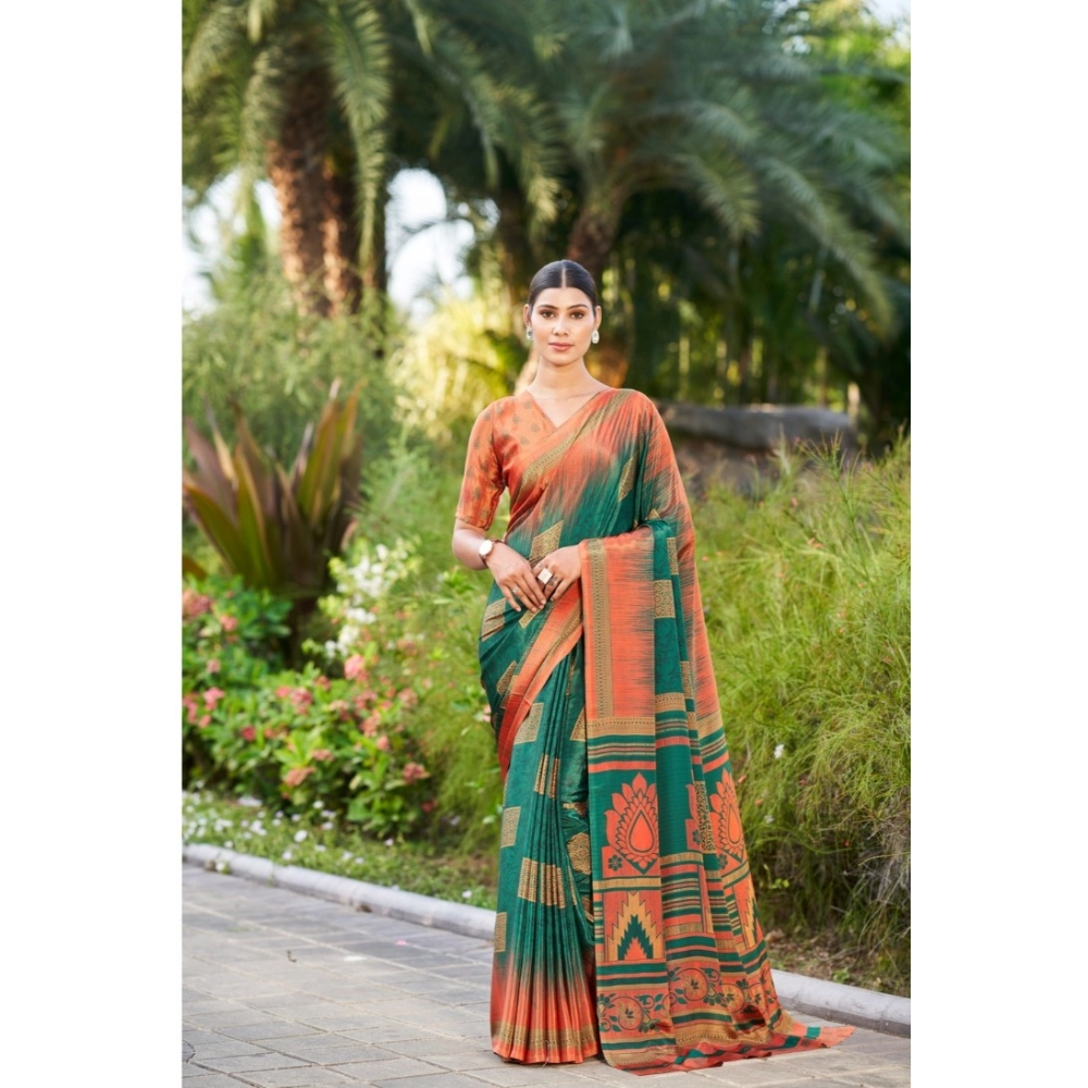 Generic Women's Crepe Printed Saree With Unstitched Blouse (Dark Green, 5-5 Mtrs)
