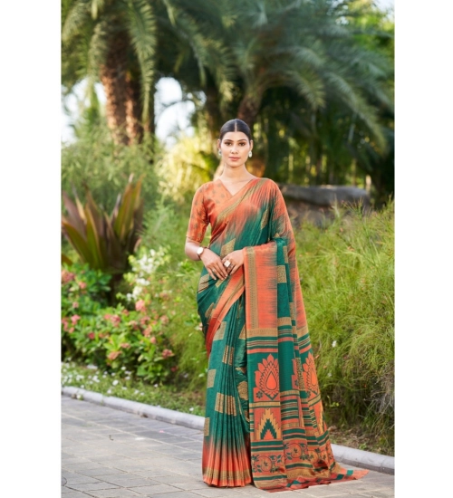 Generic Women's Crepe Printed Saree With Unstitched Blouse (Dark Green, 5-5 Mtrs)
