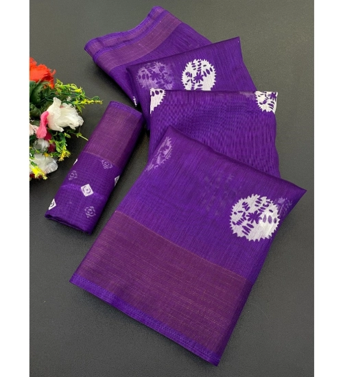 Generic Women's Cotton Blend Printed Saree With Unstitched Blouse (Purple, 5-5 Mtrs)