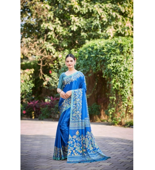 Generic Women's Crepe Printed Saree With Unstitched Blouse (Light Blue, 5-5 Mtrs)