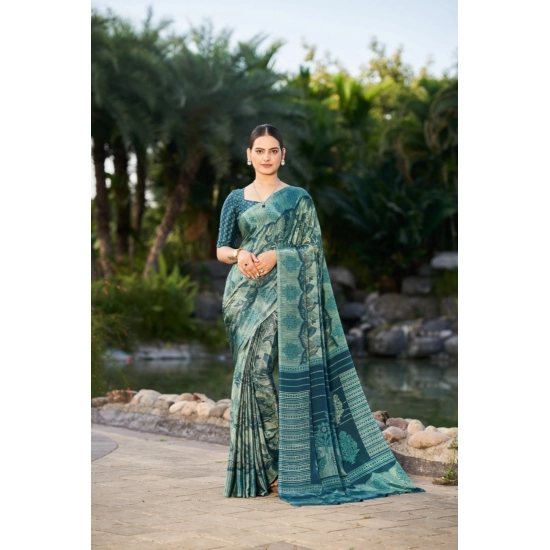 Generic Women's Crepe Printed Saree With Unstitched Blouse (Green, 5-5 Mtrs)