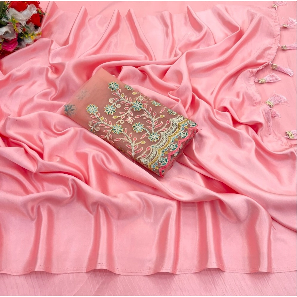 Generic Women's Satin Solid Saree With Unstitched Blouse (Pink, 5-5 Mtrs) Generic Women's Satin Solid Saree With Unstitched Blouse (Pink, 5-5 Mtrs)