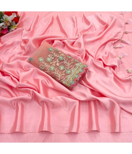 Generic Women's Satin Solid Saree With Unstitched Blouse (Pink, 5-5 Mtrs)
