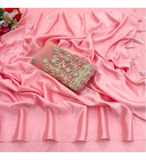 Generic Women's Satin Solid Saree With Unstitched Blouse (Pink, 5-5 Mtrs)
