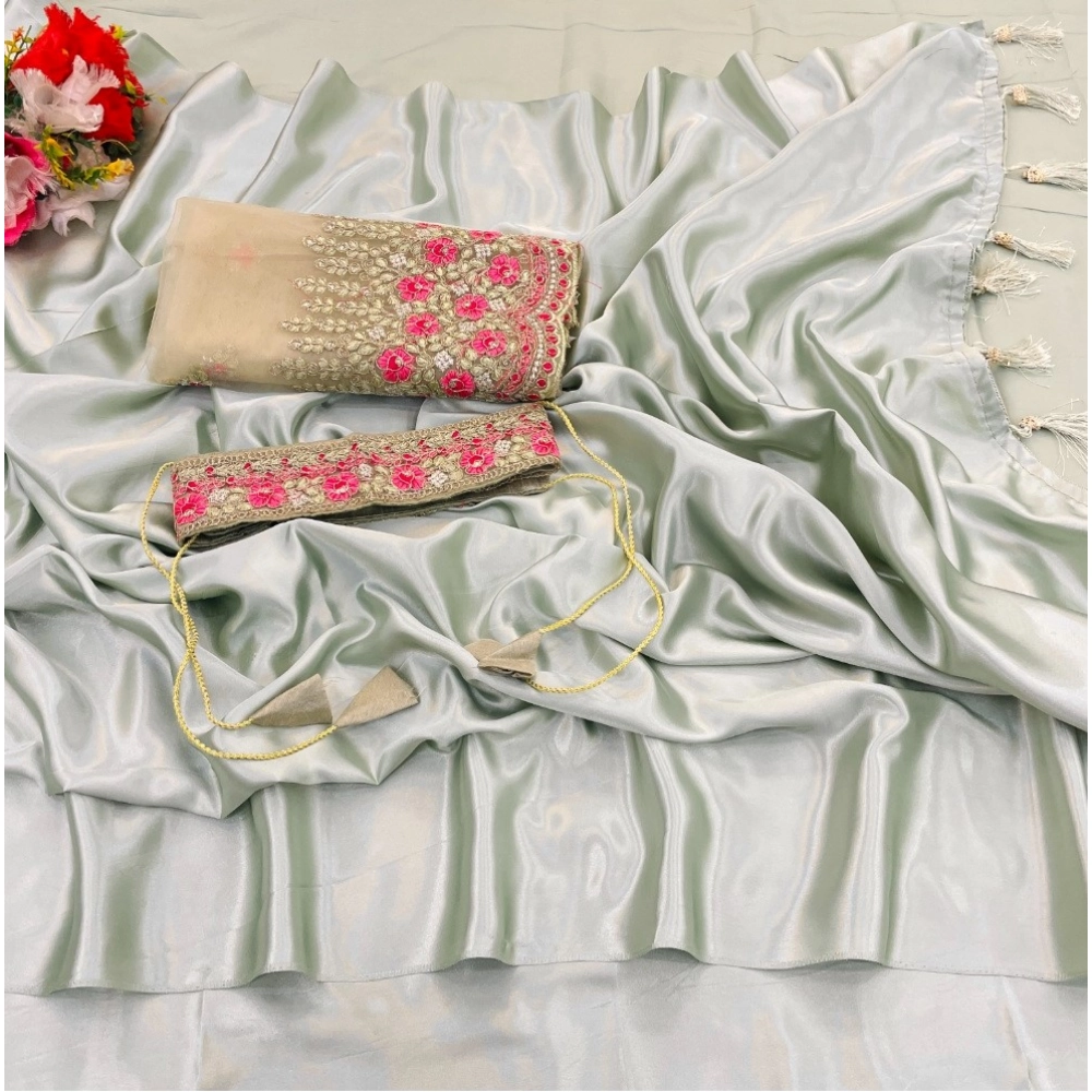 Generic Women's Satin Solid Saree With Unstitched Blouse (Offwhite, 5-5 Mtrs) Generic Women's Satin Solid Saree With Unstitched Blouse (Offwhite, 5-5 Mtrs)