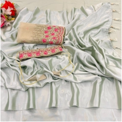 Generic Women's Satin Solid Saree With Unstitched Blouse (Offwhite, 5-5 Mtrs)
