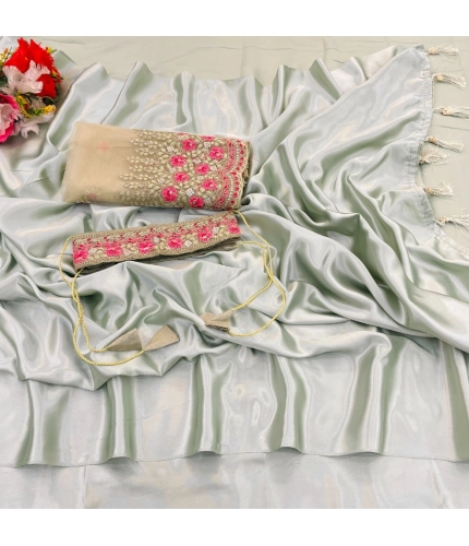 Generic Women's Satin Solid Saree With Unstitched Blouse (Offwhite, 5-5 Mtrs)