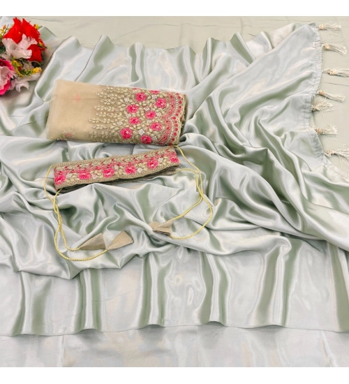Generic Women's Satin Solid Saree With Unstitched Blouse (Offwhite, 5-5 Mtrs)