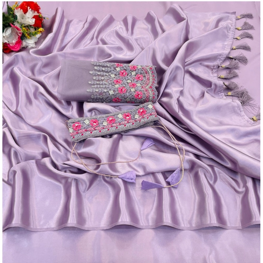 Generic Women's Satin Solid Saree With Unstitched Blouse (Purple, 5-5 Mtrs) Generic Women's Satin Solid Saree With Unstitched Blouse (Purple, 5-5 Mtrs)