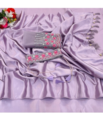 Generic Women's Satin Solid Saree With Unstitched Blouse (Purple, 5-5 Mtrs)
