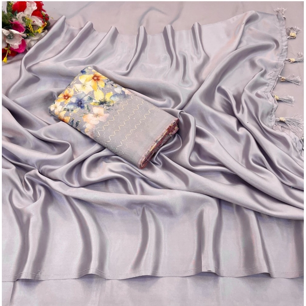 Generic Women's Satin Solid Saree With Unstitched Blouse (Lightgrey, 5-5 Mtrs)