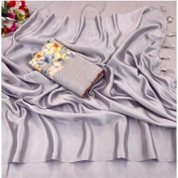 Generic Women's Satin Solid Saree With Unstitched Blouse (Lightgrey, 5-5 Mtrs)