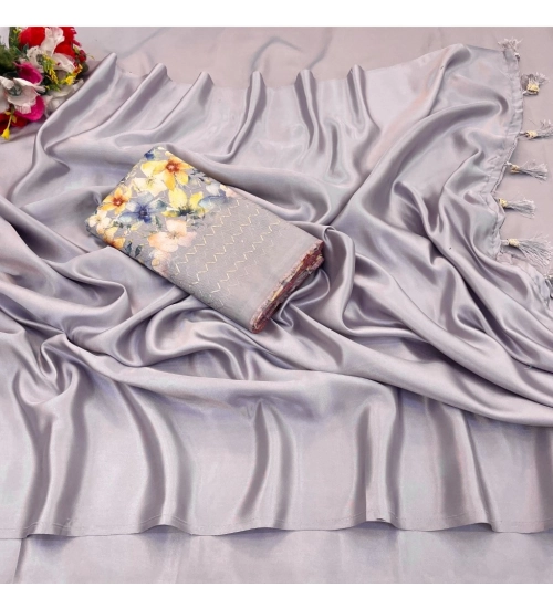 Generic Women's Satin Solid Saree With Unstitched Blouse (Lightgrey, 5-5 Mtrs)