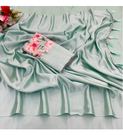 Generic Women's Satin Solid Saree With Unstitched Blouse (Lightgreen, 5-5 Mtrs)