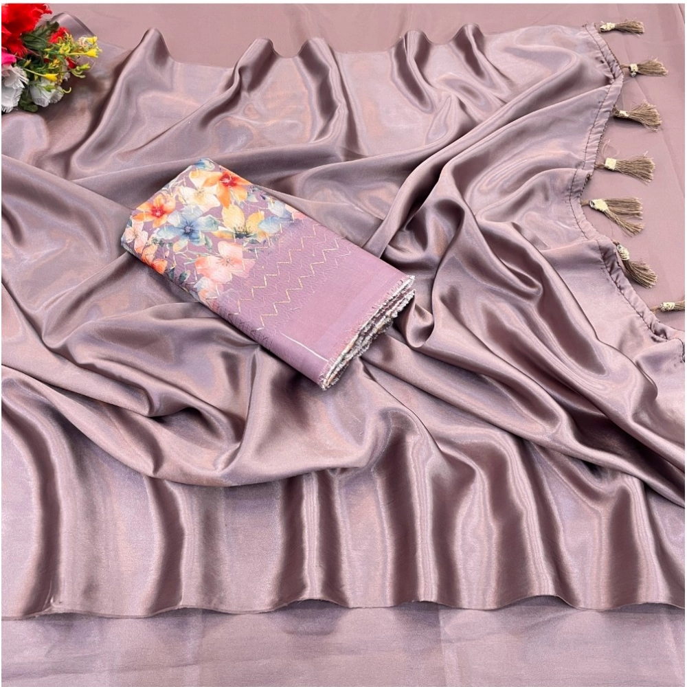 Generic Women's Satin Solid Saree With Unstitched Blouse (Lavender, 5-5 Mtrs)