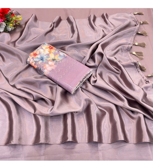 Generic Women's Satin Solid Saree With Unstitched Blouse (Lavender, 5-5 Mtrs)