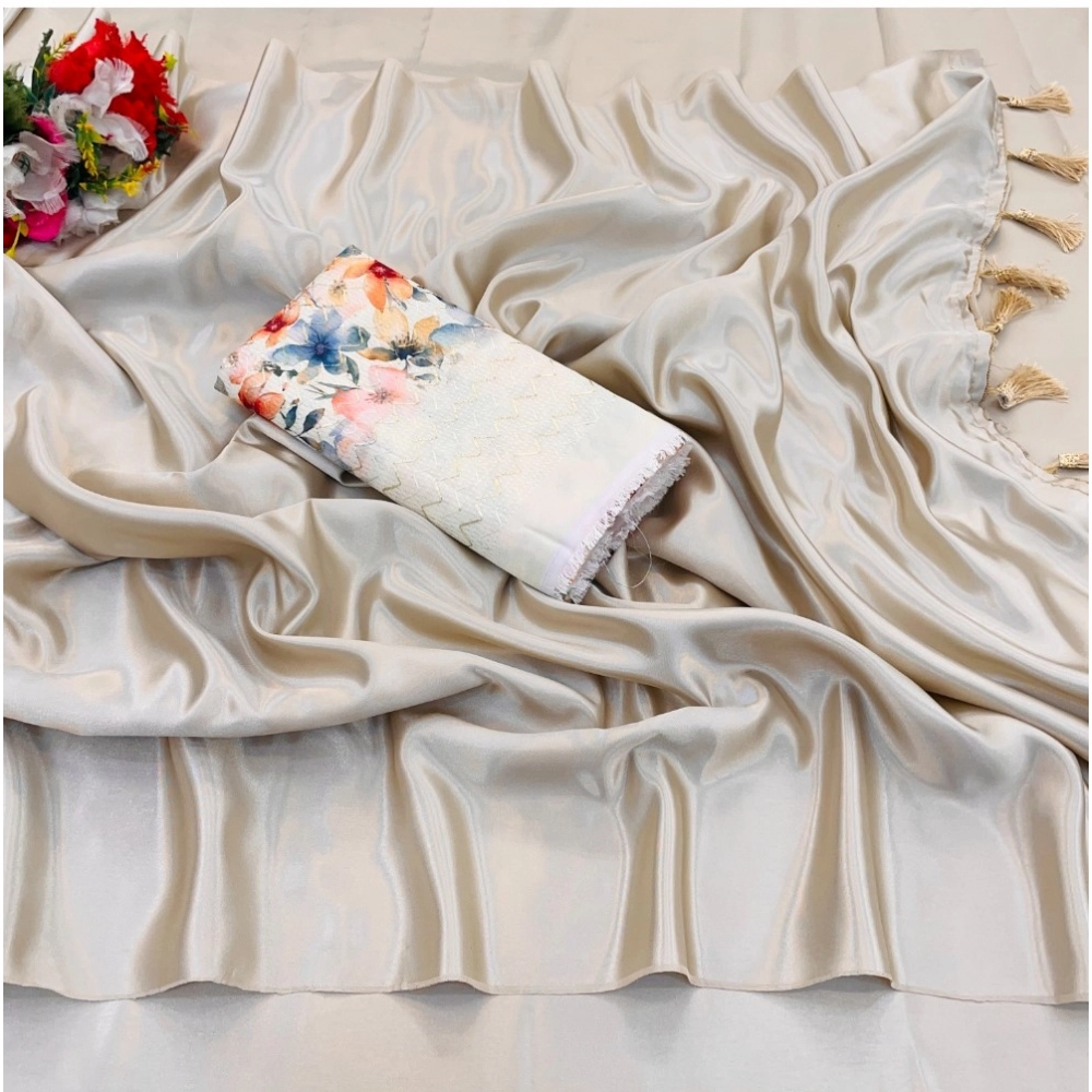 Generic Women's Satin Solid Saree With Unstitched Blouse (White, 5-5 Mtrs)