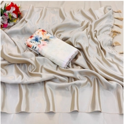 Generic Women's Satin Solid Saree With Unstitched Blouse (White, 5-5 Mtrs)