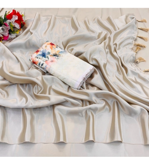 Generic Women's Satin Solid Saree With Unstitched Blouse (White, 5-5 Mtrs)