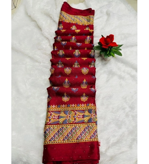 Generic Women's Silk Blend Printed Saree With Unstitched Blouse (Red, 5-5 Mtrs)