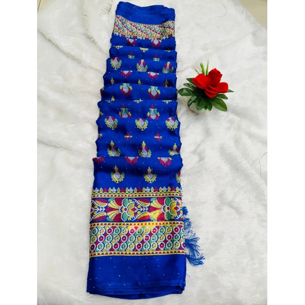 Generic Women's Silk Blend Printed Saree With Unstitched Blouse (Blue, 5-5 Mtrs)