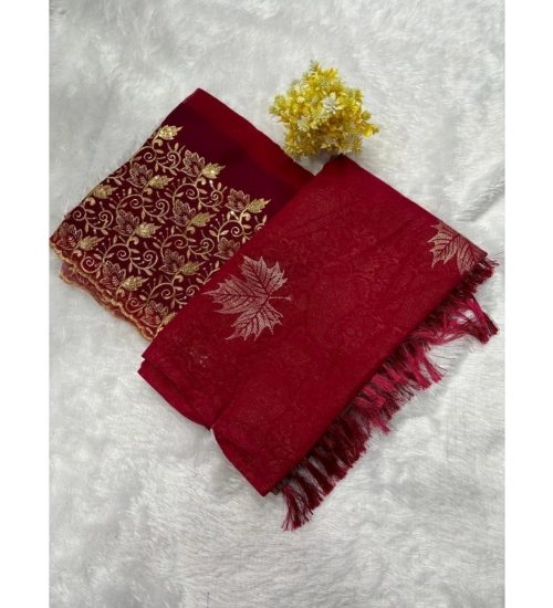 Generic Women's Georgette Printed Saree With Unstitched Blouse (Red, 5-5 Mtrs)