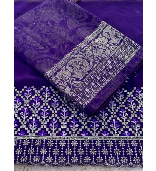 Generic Women's Georgette Printed Saree With Unstitched Blouse (Purple, 5-5 Mtrs)