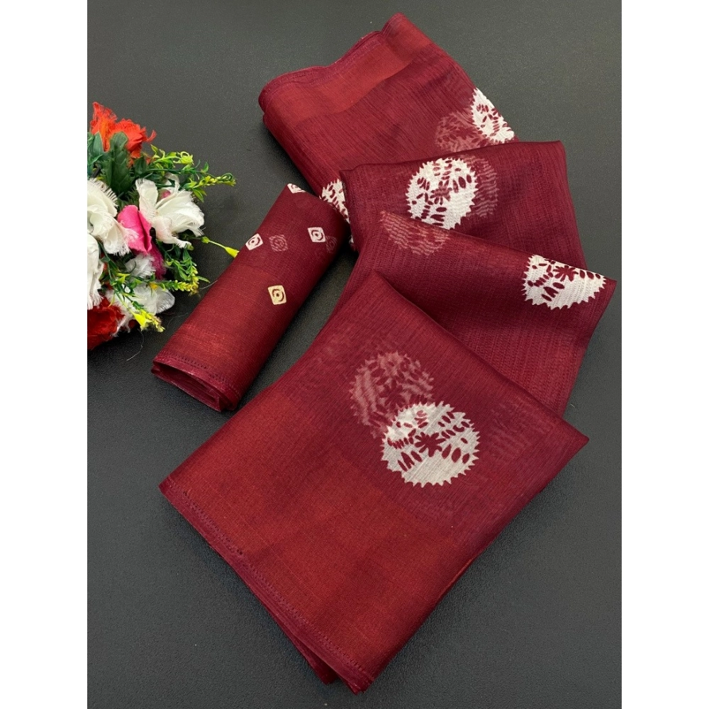 Generic Women's Cotton Blend Printed Saree With Unstitched Blouse (Maroon, 5-5 Mtrs)