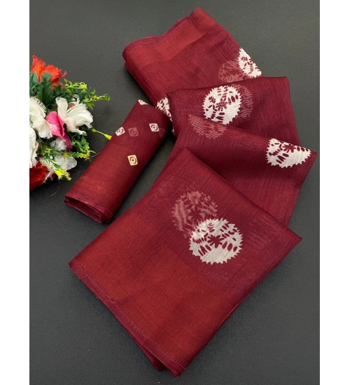 Generic Women's Cotton Blend Printed Saree With Unstitched Blouse (Maroon, 5-5 Mtrs)