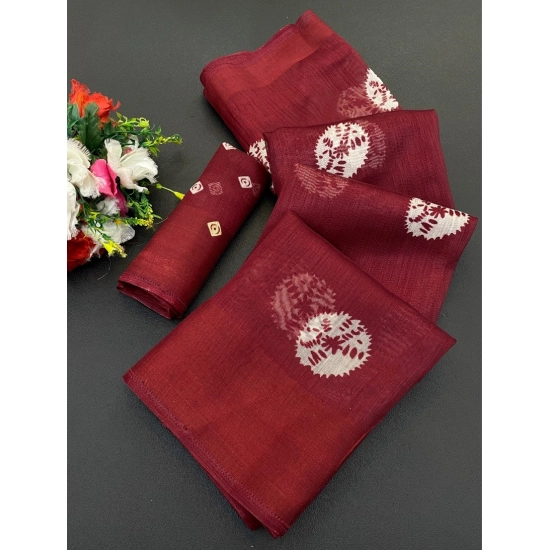 Generic Women's Cotton Blend Printed Saree With Unstitched Blouse (Maroon, 5-5 Mtrs)