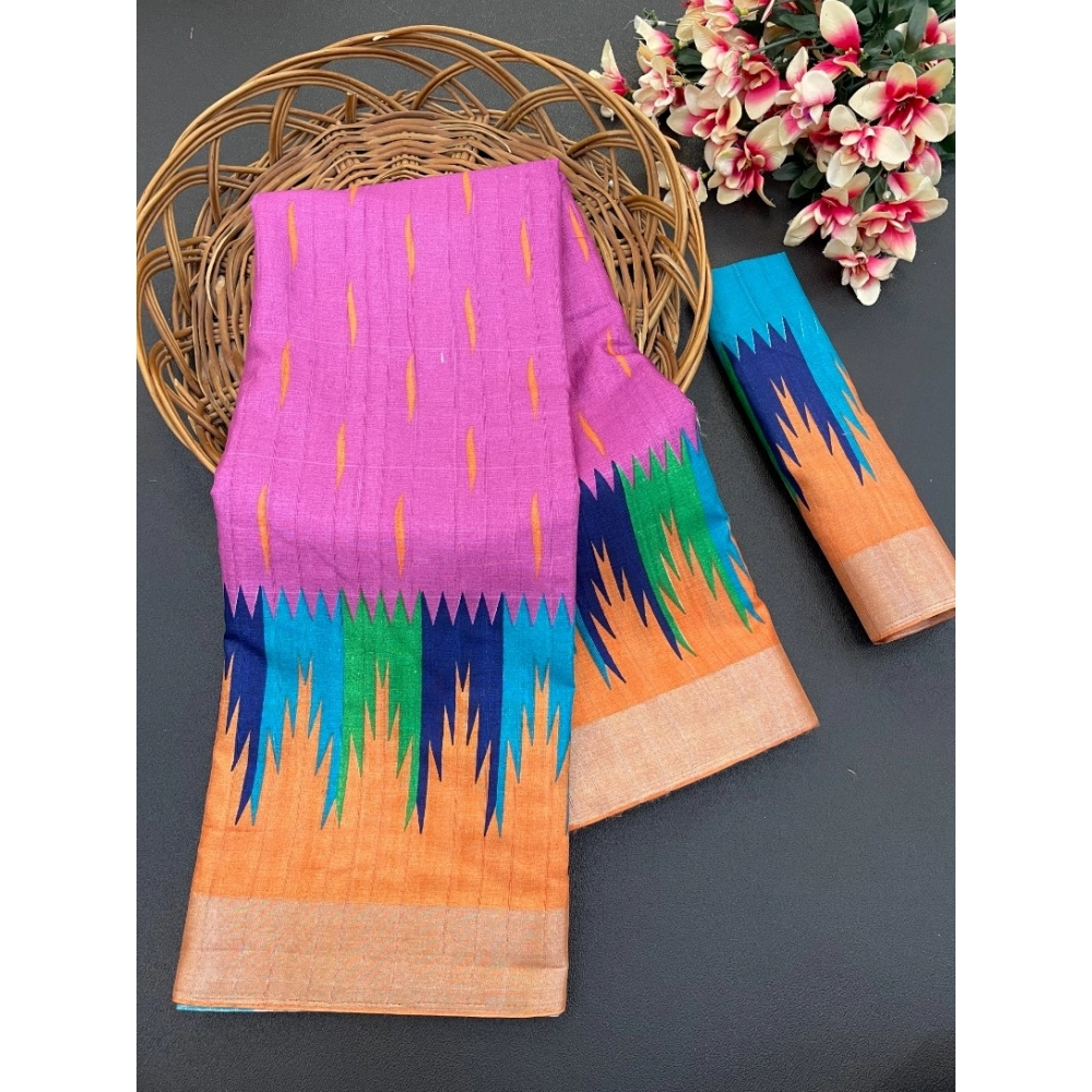 Generic Women's Cotton Blend Printed Saree With Unstitched Blouse (Purple, 5-5 Mtrs)