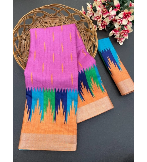 Generic Women's Cotton Blend Printed Saree With Unstitched Blouse (Purple, 5-5 Mtrs)